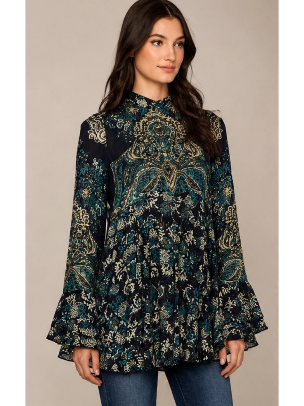 FREEE PEOPLE Lady Luck Printed Tunic Top Bell Sleeves Blue